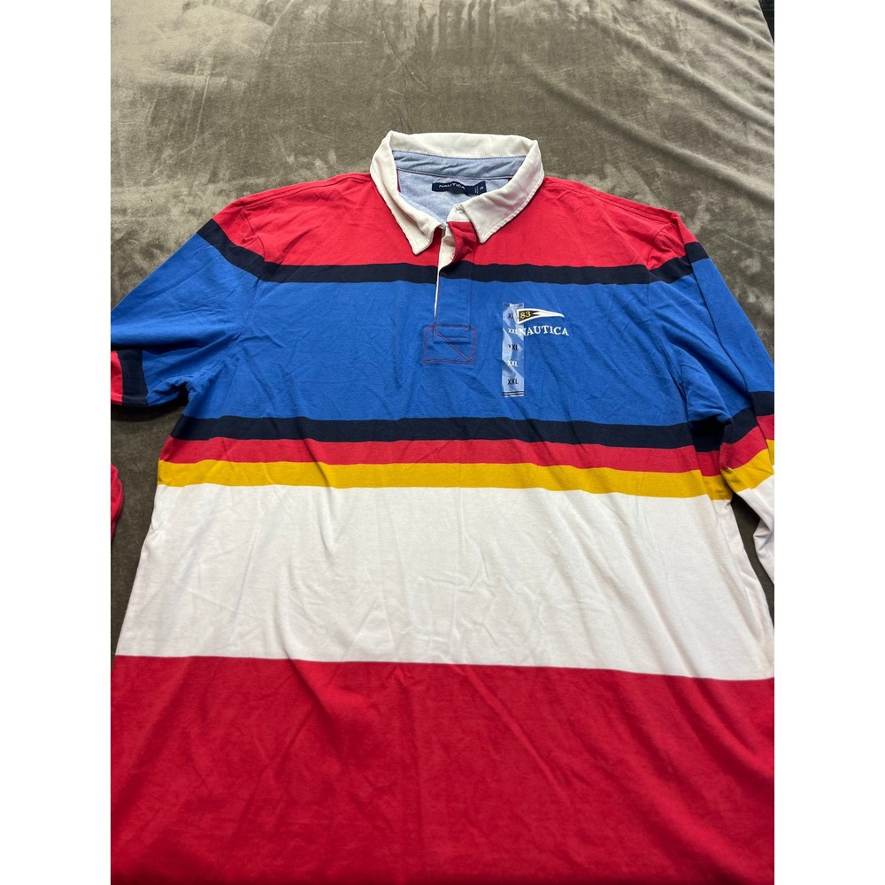 Nautica Mens Long Sleeve Rugby Shirt Colorblock Red Blue XXL NWT